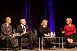 Vivek Goel, President and Chief Executive Officer, Public Health Ontario, with panelists Wayne MacPhail, Helen Branswell and Julie Leask